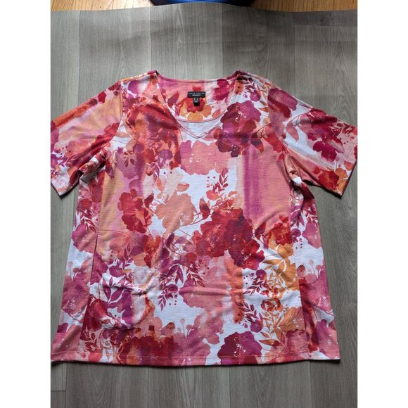 Susan Graver Weekend V-Neck Floral Print Short Sleeve Top Pink/Red XL Womens - Picture 3 of 7